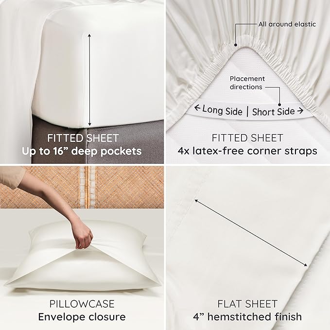 Bambaw 100% Viscose Derived from Bamboo Queen Size Sheet Set - 4pcs Cooling Sheets for Hot Sleepers, Soft Deep Pocket Queen Sheets Fits Up to 16'' with Elastic Corner Straps (Ivory)