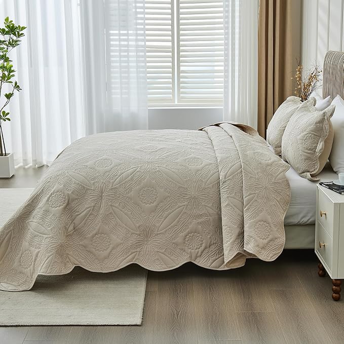Kingnex Oversized King Bedspreads 128x120 Ultrasonic Quilted Beige | Extra Wide - Image 4
