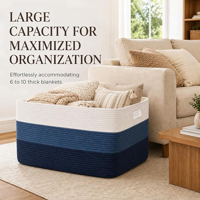 OIAHOMY Blanket Basket Laundry Basket Dog Toy Basket 75L Gradient Blue | Large - Image 3