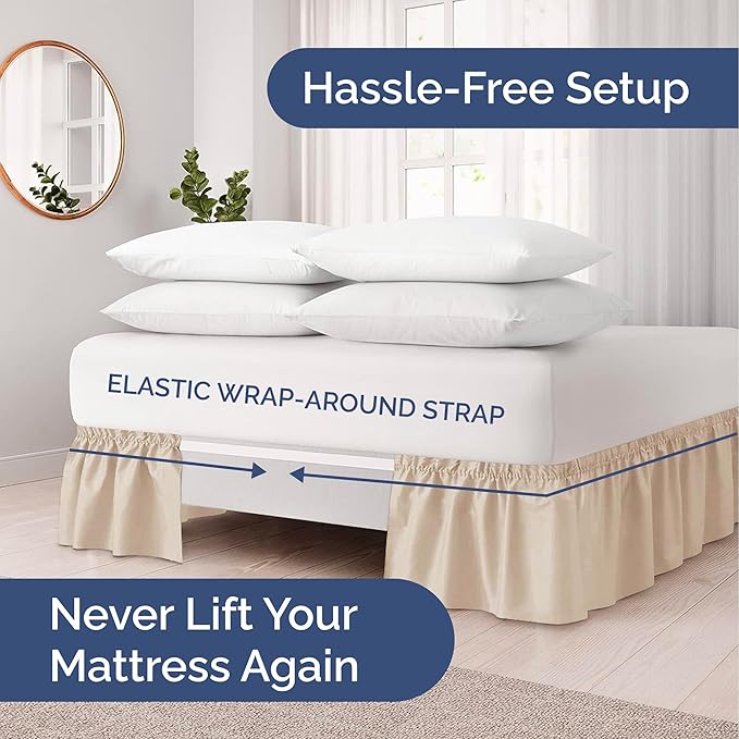 Wrap Around Dust Ruffle Bed Skirt - Cream - for Full Size Beds with 15 Inch Drop - Easy Fit Elastic Strap - Adjustable Pleated Bedskirt w/Brushed Fabric - Wrinkle Free - for Women, Men, Kids & Teens
