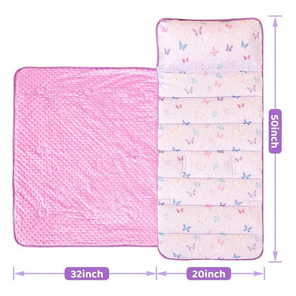 Viviland Toddler Kid Nap Mat for Preschool, Girls Purple Butterfly Slumber Bag, Daycare Sleeping Bag with Pillow and Blanket, Kindergarten Sleep Mat