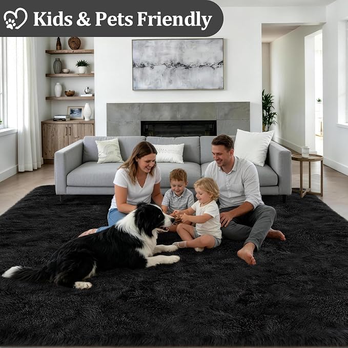 Area Rug Living Room Bedroom: 4x6 Fluffy Plush Shag Carpet Black | - Image 4