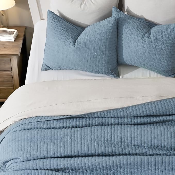 x Kinsey Walsh 100% Cotton Cross Stitch Quilt, Dusty Blue | 100% Cotton - Image 3