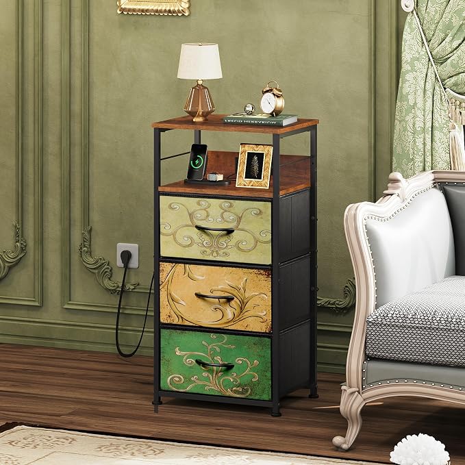 WLIVE Nightstand with Charging Station, 31.9" H Nightstand with 3 Fabric Drawers - Image 7