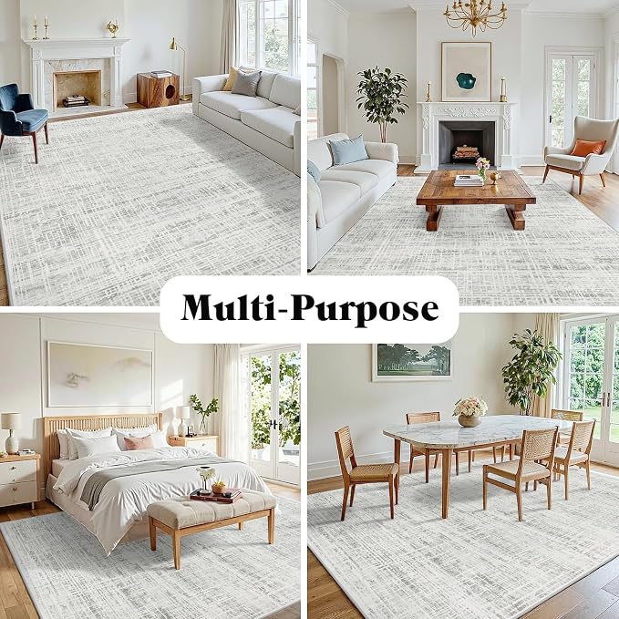 9x12 Washable Area Rug for Living Room Bedroom: Non-Slip Modern White Gray | - Image 4