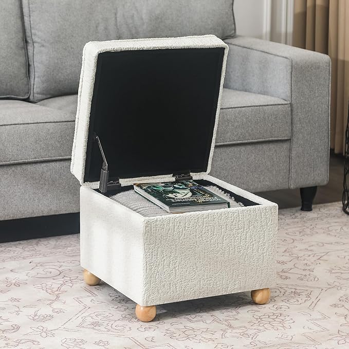 Adeco 17 Inch High Faux Fur White Cube Ottoman Storage, 3D Embossed Velvet Chair Foot Stools, Upholstered Vanity Stool with Hinged Lid, Solid Round Wood Legs