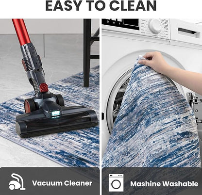 2.6x16 Modern Abstract Runner Rug for Hallways, Navy Blue Gray Neutral Multi Super Soft Hallway Decor Kitchen Rugs with Non-Slip, Non-Shedding Washable Rug for Entryway Bedroom Indoor