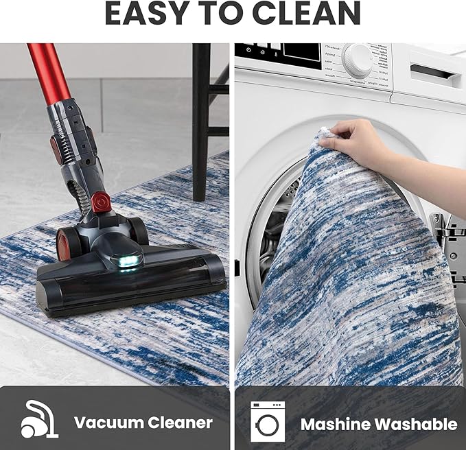 2x10 Modern Abstract Runner Rug for Hallways, Navy Blue Gray Neutral Multi Super Soft Hallway Decor Kitchen Rugs with Non-Slip, Non-Shedding Washable Rug for Hallways Entryway Bedroom Indoor