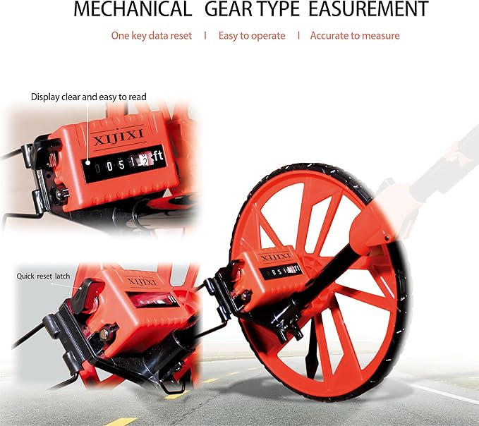 XIJIXI Distance Measuring Wheel in feet,Measure Wheel,Collapsible Rolling Measurement Wheel,12.5”Diameter Wheel,With One key to Zero,Upgrade Flag Holder,With 10 Survey Flags(Red）