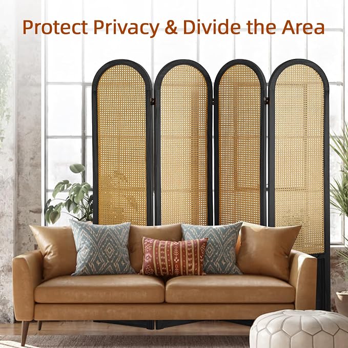 4 Panel Room Dividers and Folding Privacy Screens, Hand-Made Rattan Room Divider - Image 2