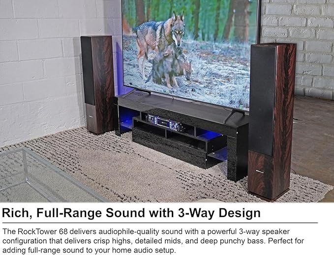Rockville RockTower 68D 400W Passive Tower Speaker 8 Ohm, Deep Bass, High-Fidelity Sound, Sleek Dark Wood Design, for Home Audio Enthusiasts