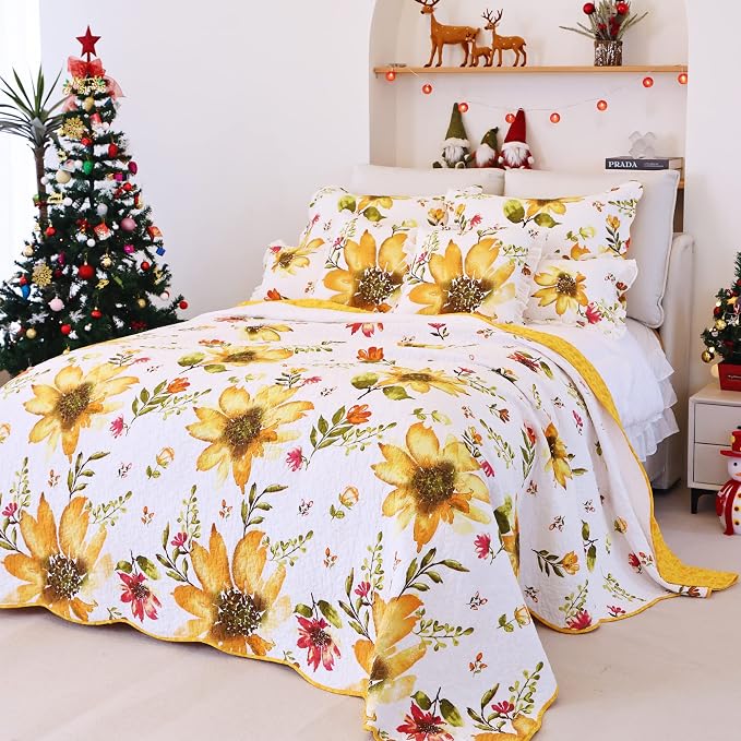 EVENHUG 100% Cotton Quilt Queen Size Yellow Sunflower Bedding Set Floral - Image 7