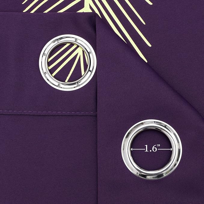Purple Blackout Curtains for Bedroom, Room Darkening Gold Palm Tree Pattern - Image 8