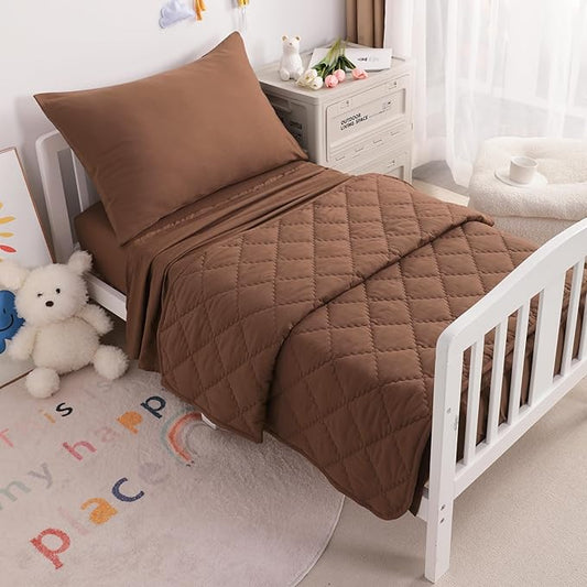 4-Piece Toddler Bedding Set for Girls and Boys – Soft and Breathable Crib Bedding with Quilted Comforter, Fitted Sheet, Flat Top Sheet and Envelope Pillowcase, Coffee