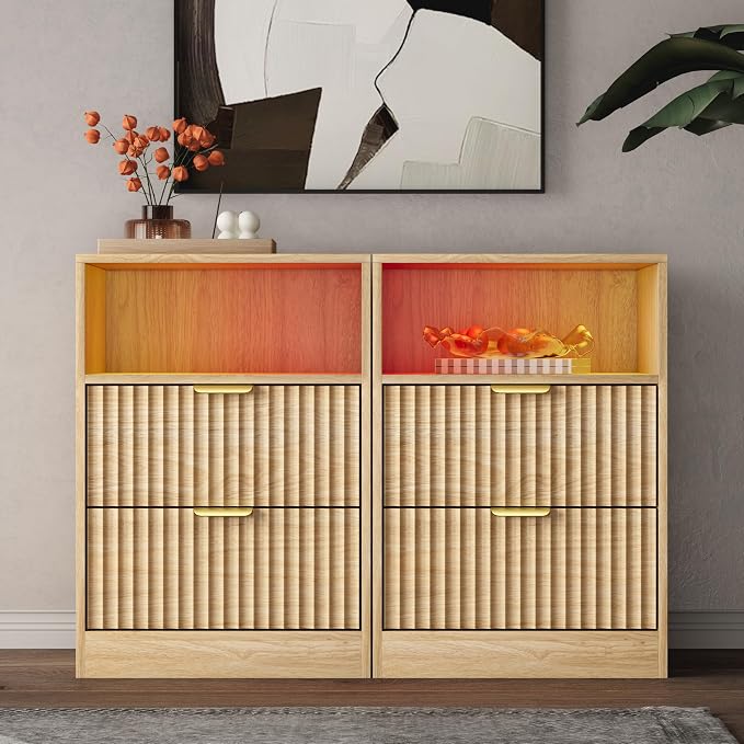 Fluted Nightstand Set of 2, LED Nightstand by WODEER