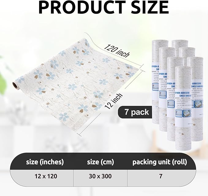 RAY STAR 12X120 Inch Shelf Liner for Kitchen Cabinets, Non-Adhesive Cabinet Liner Washable, PVC Drawer Liner for Dresser Non-Slip Bathroom (Floral)(7 Roll)