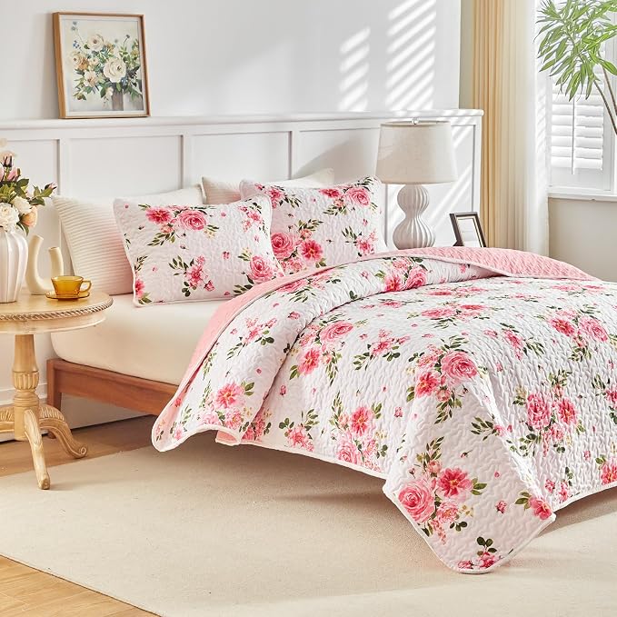 UOZZI BEDDING Pink White Floral Quilt Set 3 Pieces Queen Size Pink Flower Soft - Image 8