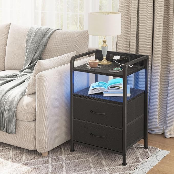 Fixwal Black Led Nightstand, Rear Charging Station, 2 Fabric Drawers | - Image 7