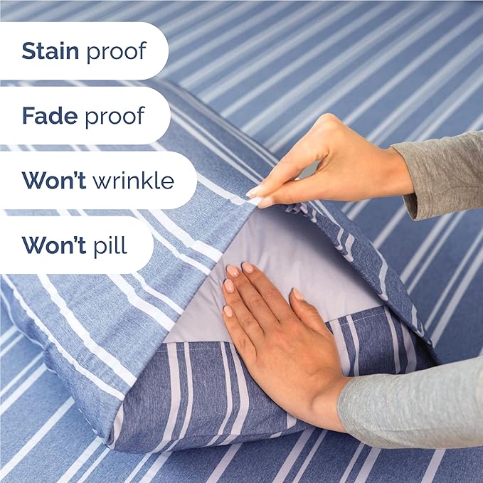 Full 6 Piece Sheet Set - Cooling, Comfy & Breathable - Hotel Luxury Bedding, Includes Fitted Sheet for Women, Men, Kids & Teens - 1 Flat, 1 Fitted Sheet, 4 Pillowcases w/Deep Pockets - Blue Stripes