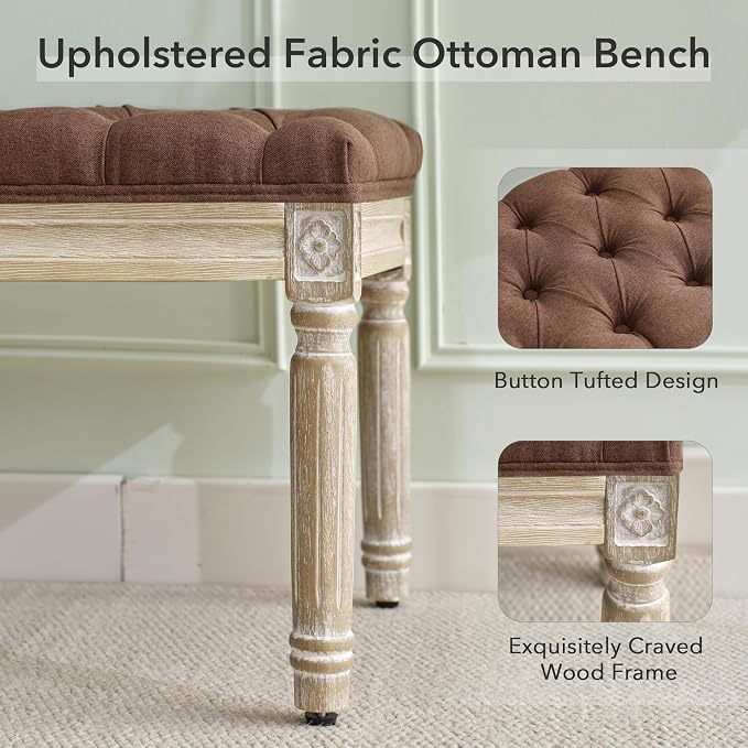 LOULENS 31'' Entryway Bench, Linen Upholstered End of Bed Bench, Brushed Wood - Image 4