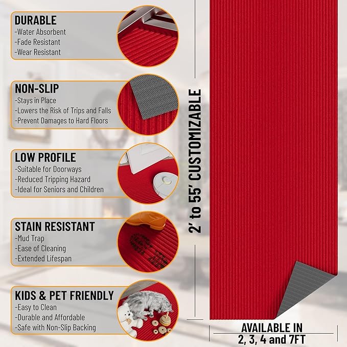 Ottomanson 6'6" x 26' Hallway Runner with Scraper Pile Extra Durable Non-Slip Rug Mat for Indoor & Outdoor Use - Ideal for Kitchen, Entryway, Patio & Garage - High-Traffic Carpet, Red