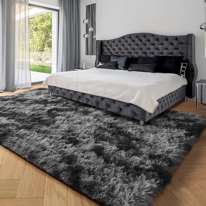 Abstract Soft Shaggy Rugs for Living Room 5x8 Ft, Tie-Dyed Grey Fluffy Rugs for - Image 4