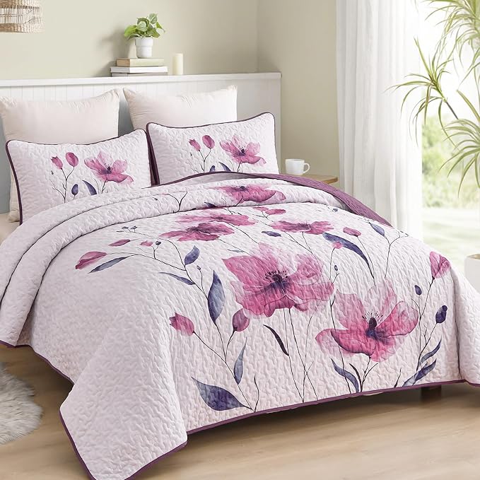 Mybedsoul Floral Quilt Set King Size, 3 Pieces Rose Pink Bedspread Coverlet Set - Image 2