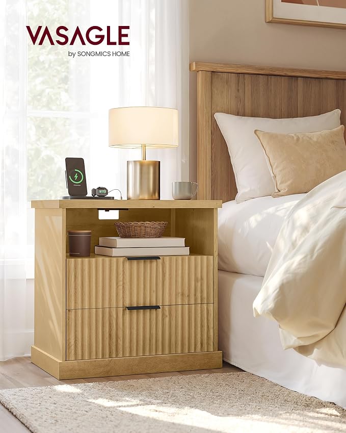 VASAGLE Nightstand with Charging Station, 2 Drawers, Open Shelf | Bedside Table - Image 2