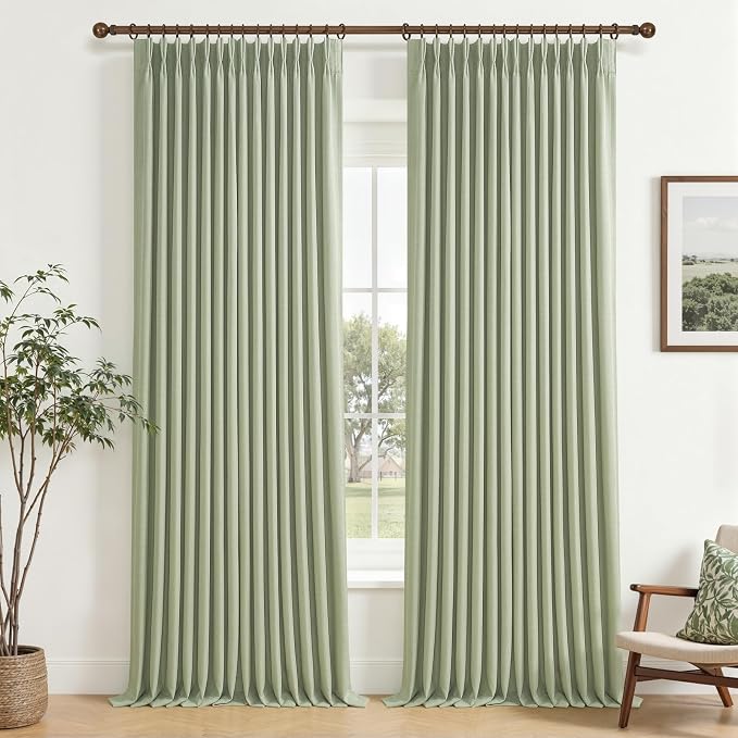 Full Blackout Sage Green Linen Dual Layer Curtains 96 Inches Long by PleatedDrapes