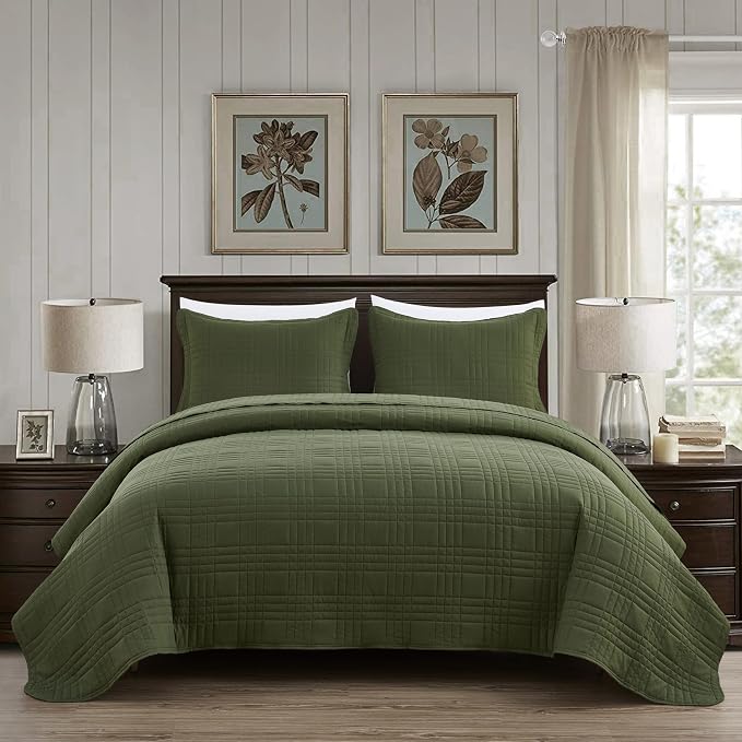 Chezmoi Collection Kingston King Size Bedspread Set, 3-Piece Olive Green - Image 3