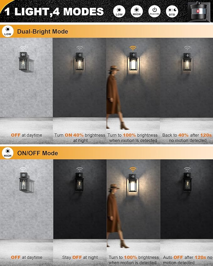 LTBLIGHT 2-Pack Motion Sensor Outdoor Lights, Modern Black Dusk to Dawn Porch Light Lanterns with 4 Modes, Waterproof Exterior Lighting for House, Patio, Garage, Front Door, 120V