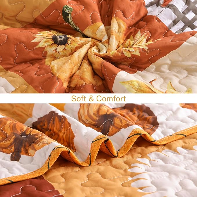 WONGS BEDDING Fall Thanksgiving King Quilt, Pumpkin Maple Leaves Bedspread | - Image 4