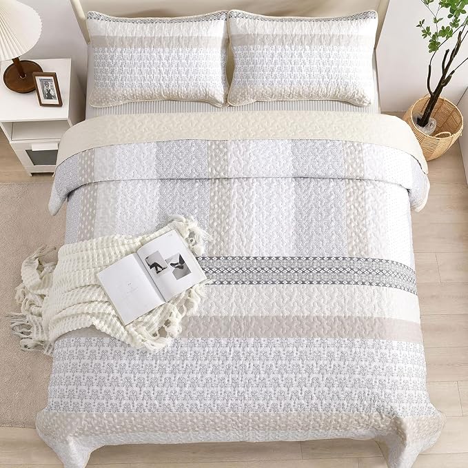 WONGS BEDDING Beige Quilt Set California King, Stripe Bedding Set | Soft - Image 4
