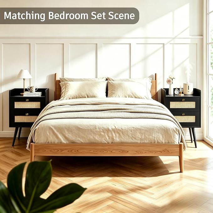 Rattan Nightstands Set of 2, Boho Bedside Table - Image 8