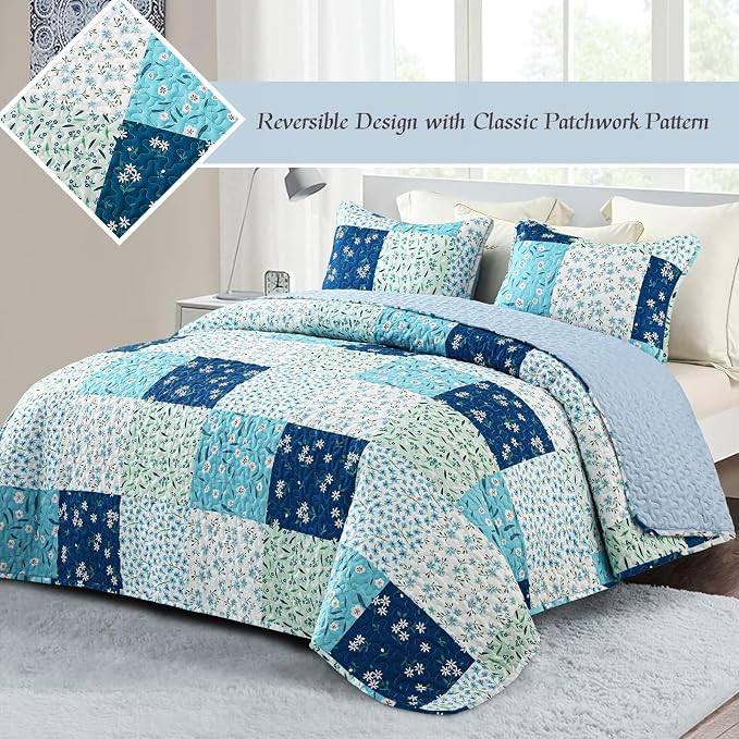 Whale Flotilla Patchwork Quilts Twin Size, Extra Soft Floral Bedspreads | Blue - Image 2