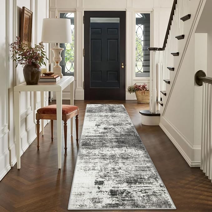 2'6''x8' Runner Rugs Washable Rug:Modern Abstract Hallway Black Grey Carpet | - Image 4