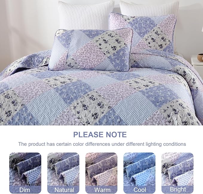 Dinjoy Boho Quilt Set Queen Size, Patchwork Floral Bedspreads, Lavender | - Image 4