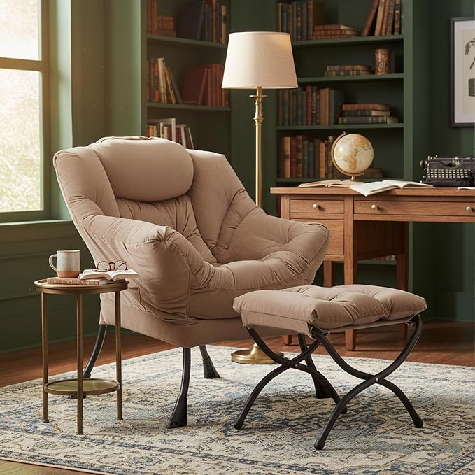 Welnow Lazy Chair with Ottoman, Reading Chair with Footrest, Khaki Velvet | A - Image 2