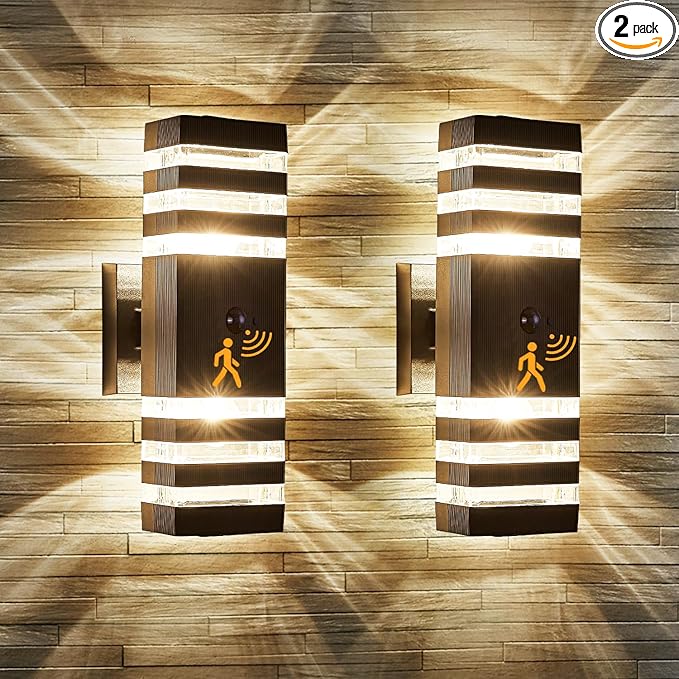 2 Pack Motion Sensor Outdoor Wall Light Fixture Up Down Porch Lights Modern Dusk to Dawn Exterior Sconce Light Wall Mount Outside Coach Lantern for House Front Door Garage (With 4 Dimmable Warm Bulbs)