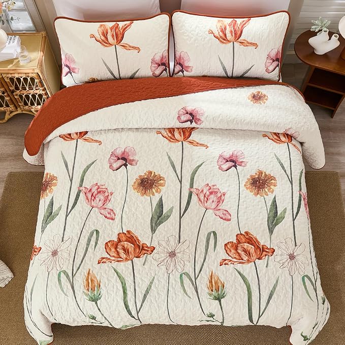 WONGS BEDDING Thanksgiving Quilt Set Queen, Shabby Chic Terracotta Cream Floral - Image 3