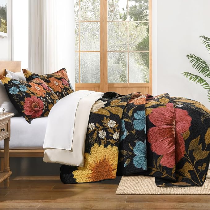 Quilt King Size, Colorful Floral Boho Summer Bedspread 3 Pieces | Golden Flower - Image 3