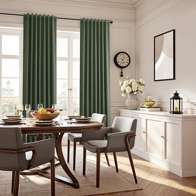 Forest Green 100% Blackout Linen Textured Curtains 102 Inches Long 2 Panels Set - Image 4