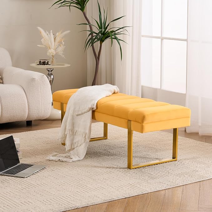 46" Velvet Bench with Gold Leg for Bedroom Window End of Bed Mustard Yellow | - Image 4
