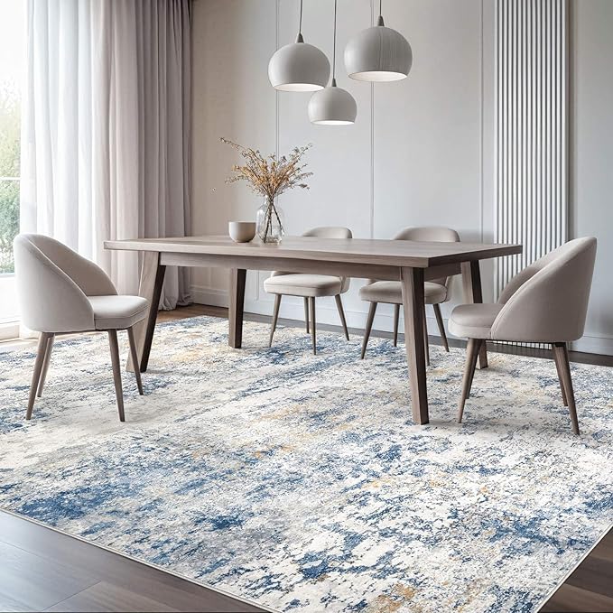 Area Rug Living Room Rugs - 10x13 Abstract Large Soft Indoor Washable Rug Neutral Modern Low Pile Carpet for Bedroom Dining Room Farmhouse Home Office - Blue