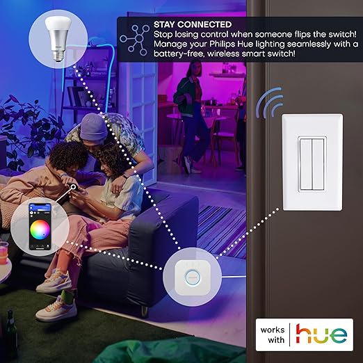 RunLessWire Click for Philips Hue – Battery-Free Wireless Smart Light Switch, 30ft Range – Works Natively with Philips Hue Bridge – Wall Mount Kinetic Switch - Decora Style, Brown