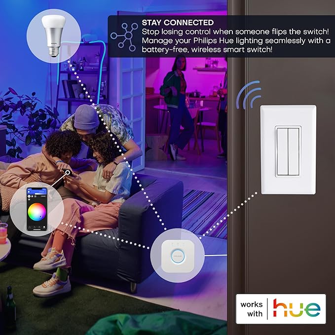 RunLessWire Click for Philips Hue – Battery-Free Wireless Smart Light Switch, 30ft Range – Works Natively with Philips Hue Bridge – Wall Mount Kinetic Switch - Decora Style, White