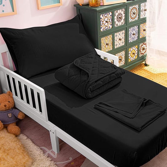 NTBAY Toddler Bedding Set - 4 Piece Soft and Breathable Crib Bedding Set for Boys and Girls, Includes Quilted Comforter, Fitted Sheet, Flat Top Sheet and Envelope Pillowcase, Black