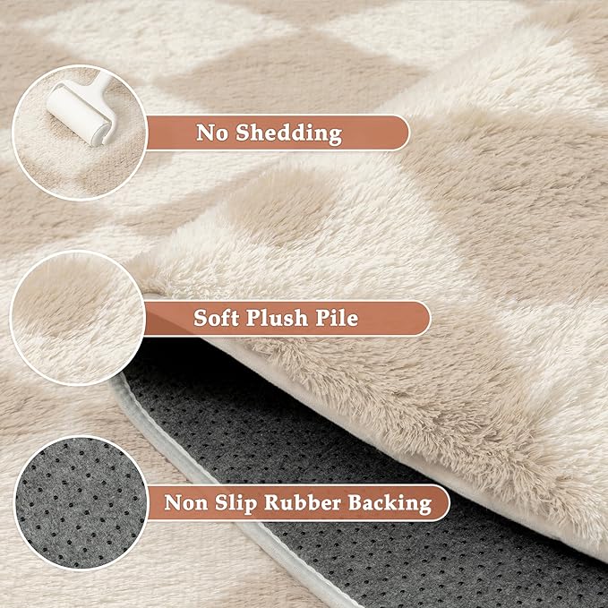 Beige 9x12 Area Rug for Living Room Soft Checkered Shag Carpet | Machine - Image 6