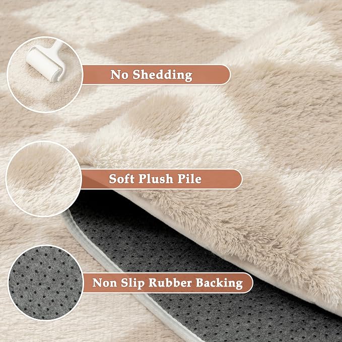 Beige 5x8 Area Rug for Living Room Soft Checkered Shag Carpet | Machine Washable - Image 5