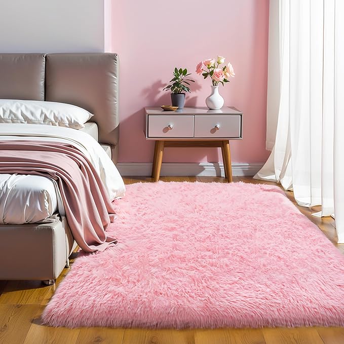 KICHOWUA 4x6 Thick Pink Fluffy Shag Plush Washable Rug by KICHOWUA